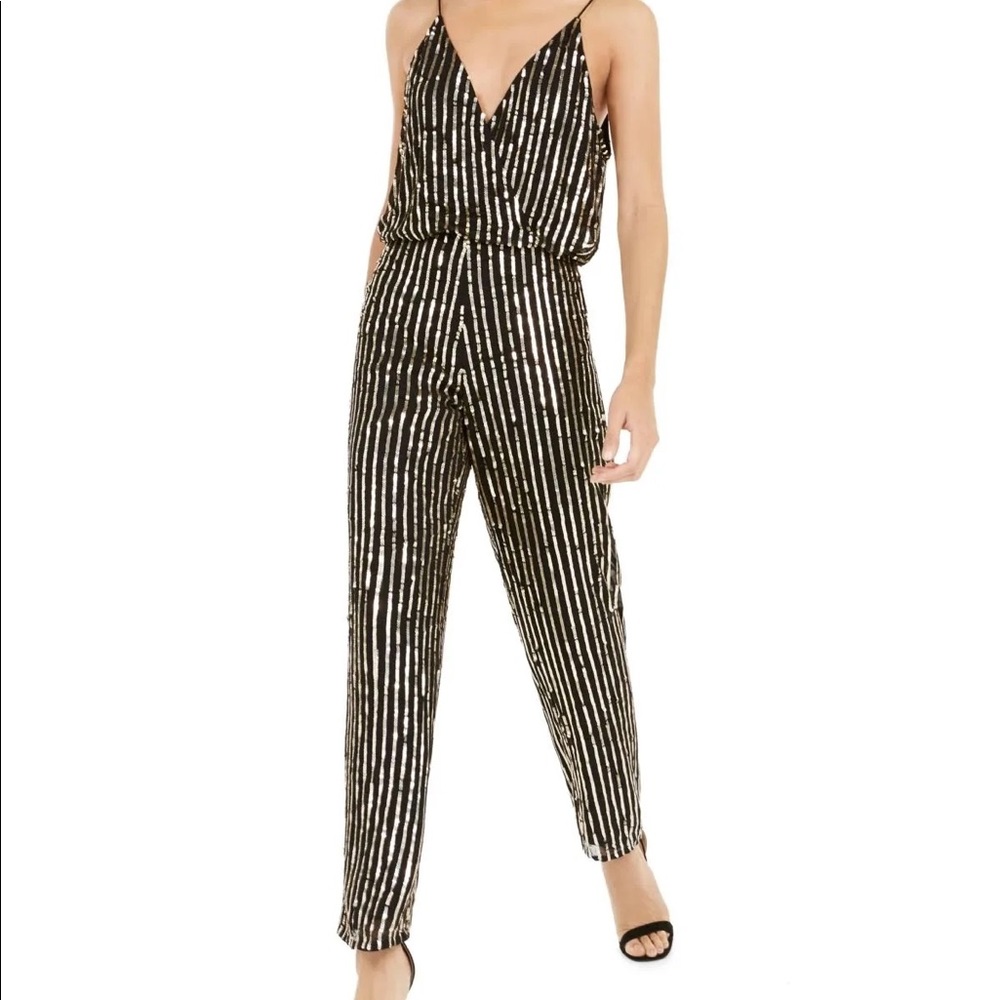 NWT French Connection Celina Black Jumpsuit with Gold Sequin Stripes Size 2